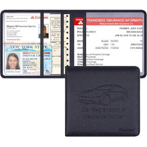 Car Insurance and Registration Holder, 5.5 x 5 Inch PU Leather Vehicle Glove Box Organizer Wallet Case for Insurance Card, Driver License, Paperwork - Black
