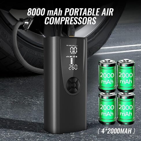منفاخ إطارات ضاغط هواء محمول، مضخة دراجة كهربائية قابلة لإعادة الشحن بقدرة 8000 مللي أمبير في الساعة، مضخة هواء صغيرة لاسلكية بقوة 150 رطل لكل بوصة مربعة مع ضوء الطوارئ ومقياس الضغط الرقمي، مضخة إطار لدراجة السيارة والدراجة النارية in Kuwait