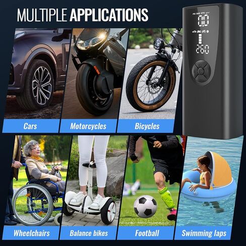 منفاخ إطارات ضاغط هواء محمول، مضخة دراجة كهربائية قابلة لإعادة الشحن بقدرة 8000 مللي أمبير في الساعة، مضخة هواء صغيرة لاسلكية بقوة 150 رطل لكل بوصة مربعة مع ضوء الطوارئ ومقياس الضغط الرقمي، مضخة إطار لدراجة السيارة والدراجة النارية in Kuwait