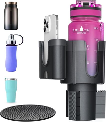 حامل اكواب للسيارة مع حامل موبايل، قاعدة قابلة للتعديل متوافقة مع ييتي 20/36/48 اونصة، قوارير هايدرو فلاسك 32/40 اونصة، تناسب معظم حوامل الاكواب والزجاجات بقطر 3.4-4 انش (قطعة واحدة) in Kuwait