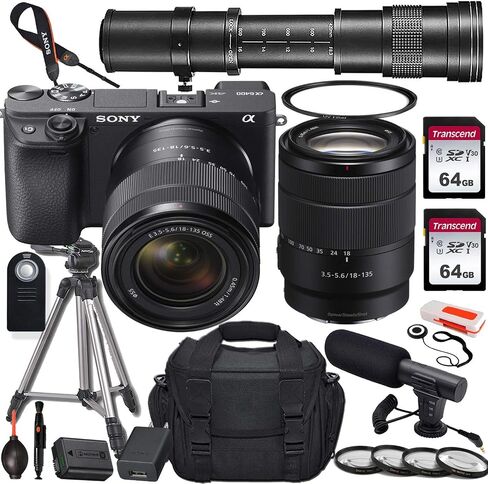 Sony Alpha a6400 Mirrorless Digital Camera with 18-135mm and 420-800mm Telephoto Lens + 2X 64GB Memory Card, UV & Close-up Filters, Microphone, Portable Tripod, Gadget Bag & More (Renewed) in Saudi Arabia