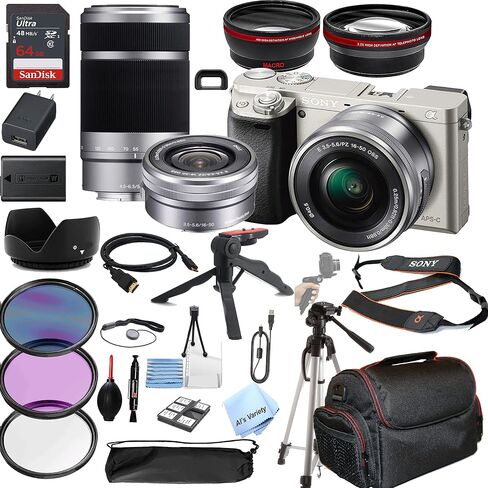 Sony Alpha a6400 Mirrorless Digital Camera (Silver) with 16-50mm & 55-210mm Zoom Lenses + 64GB Memory, Wide Angle + Telephoto Lens, Filters, Case, Tripod + More (30PC Bundle Kit) (Renewed) in Saudi Arabia