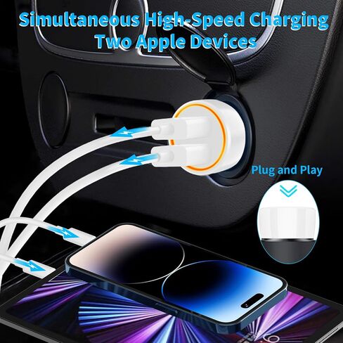 [معتمد من Apple MFi] شاحن سيارة سريع iPhone 14، KASHIMURA 4.8A شاحن سيارة سريع USB مزدوج مع 2 سلك شحن سريع إلى USB لأجهزة iPhone 14 13 12 11 Pro Max/XS Max/XR/SE/X/iPad in Kuwait