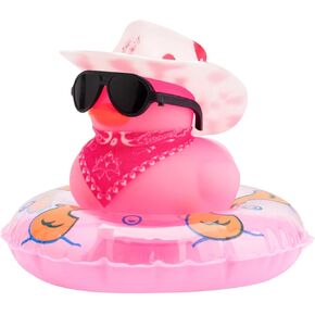 wonuu Car Rubber Duck Decoration, West Cowboy Duck Car Dashboard Decoration Accessories with Mini Swim Ring Cowboy Hat Scarf and Sunglasses(A_Pink Black&White hat&Glasses)