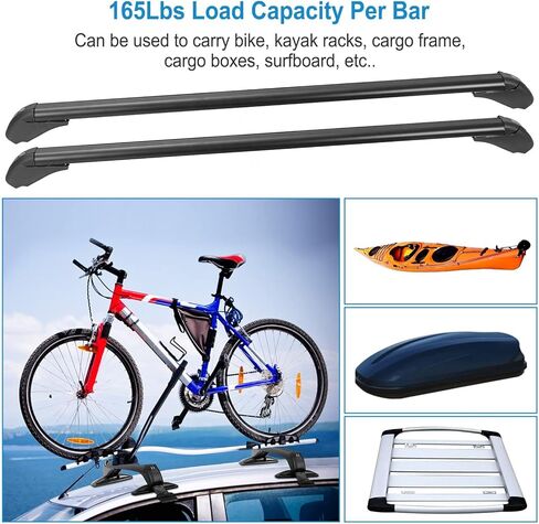 قضبان متقاطعة لرف السقف العالمي من teqhome، قضبان متقاطعة علوية للسيارة قابلة للقفل من الألومنيوم مقاس 48 بوصة مع قفل مضاد للسرقة، إطار نافذة قابل للتعديل لدراجة السقف العارية كاياك على السطح حامل البضائع الأمتعة 165 رطل أقصى حمولة in Kuwait