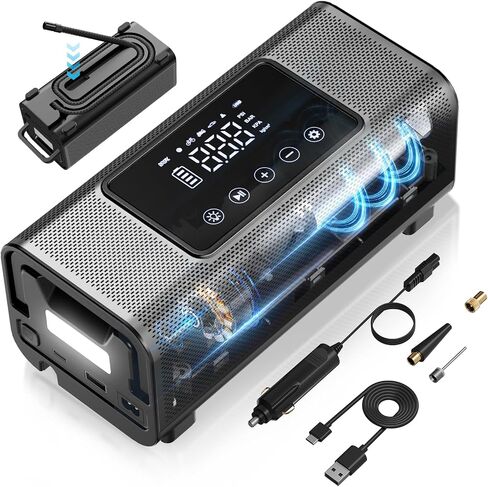 Prunarbo Tire Inflator Portable Air Compressor, 2X Faster Inflation Air Pump for Car Tires Double Cylinder Electric Air Pump for Balls/Bike/Motorcycle/SUV with 10400 mAh Battery Capacity/LED Light in Saudi Arabia