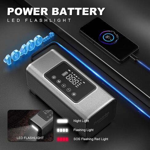 Prunarbo Tire Inflator Portable Air Compressor, 2X Faster Inflation Air Pump for Car Tires Double Cylinder Electric Air Pump for Balls/Bike/Motorcycle/SUV with 10400 mAh Battery Capacity/LED Light in Saudi Arabia