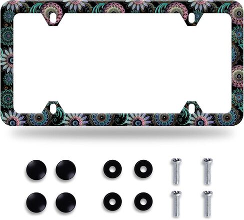 Black White Cherry Blossoms License Plate Frame Floral Flowers License Plate Stainless Steel Rust-Proof Auto Parts Colorful License Plate Cover Decorative with Screws Size 12.3" x 6.3" Men Women in Saudi Arabia