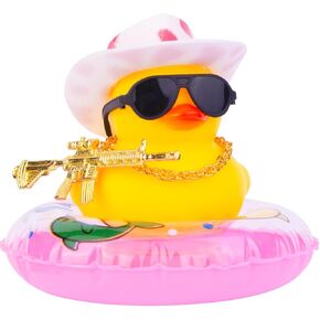 Car Rubber Duck Ornament Cowboy Duck Car Dashboard Decoration Accessories with Mini Swim Ring Cowboy Hat Necklace Sunglasses and Cool Accessory(A02-Pink Spots&Pink)