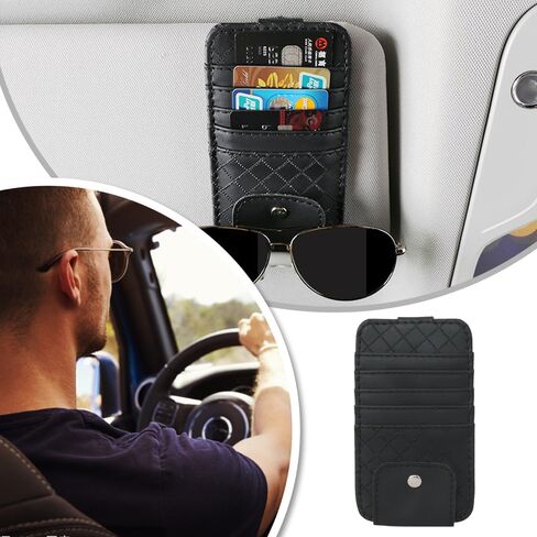 BAIWANLCH Car Sun Visor Organiser PU Leather Car Visor Organizer Car Truck SUV Storage Pouch Multi-Function Car Interior Storage Clip for Card Sunglasses Holder for Car Visor Accessories(Black) in Kuwait
