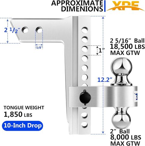 Adjustable Trailer Hitch Fits 2.5'' Receiver, 10'' Drop/Rise Drop, Chrome Plated Steel Tow Balls(2'' X 2-5/16''), Heavy Duty Ball Mount - 18,500 Gtw with Trailer Locks,Silver, X-312510 in Kuwait