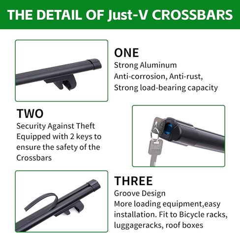 JUST-V 48 بوصة قضبان متقاطعة لرف السقف العالمي قابلة للتعديل بحد أقصى 46 بوصة من الألومنيوم المضاد للصدأ حتى 150 رطلًا من البضائع على السطح متوافقة مع القضبان الجانبية للسقف المرتفع لحامل دراجة التزلج وأمتعة الكاياك باللون الأسود in Kuwait