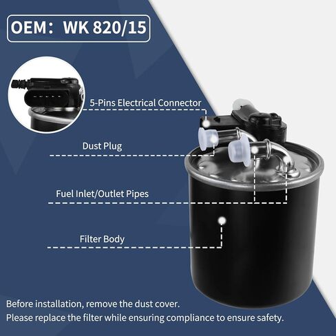 فلتر وقود WK 820/15 متوافق مع مرسيدس بنز E350 GL350 ML350 R350 S350 وسبرينتر 2500 3500 3.0 لتر V6 ديزل 2010-2021، مع 5 دبابيس | بديل # WK 820/6 , WK 82 0/7، 642 090 63 52، 642 090 48 52 in Kuwait