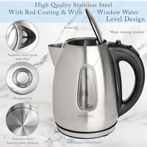 Moss & Stone Red Stainless Steel Electric Kettle, 1.7L Cordless 1500W | Large, portable hot water tea kettle, fast boiling pot, boil-dry protection, auto shut-off, blue Illuminate LED light in Kuwait