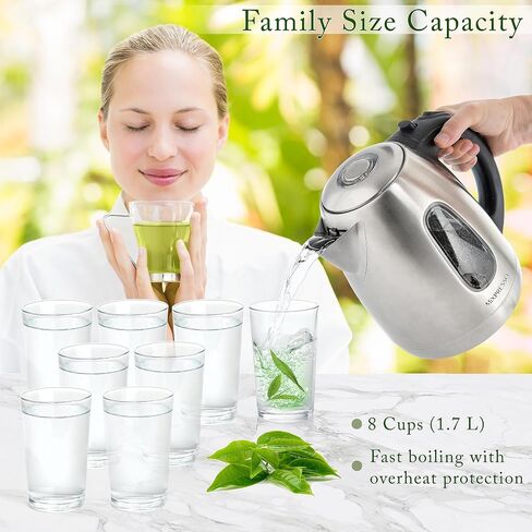 Moss & Stone Red Stainless Steel Electric Kettle, 1.7L Cordless 1500W | Large, portable hot water tea kettle, fast boiling pot, boil-dry protection, auto shut-off, blue Illuminate LED light in Kuwait