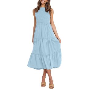 ZESICA Women's 2023 Summer Casual Sleeveless Crew Neck Smocked High Waist Flowy Tiered A Line Midi Dress