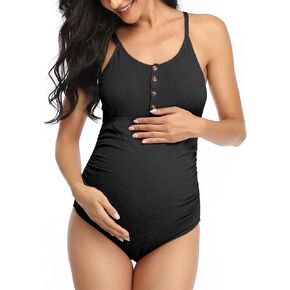 Summer Mae Maternity Swimsuit One Piece Bathing Suit Button Neck Cross Back