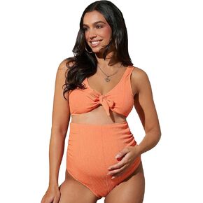 MakeMeChic Women's Maternity 2 Piece Bathing Suits Deep V Neck Knot Front High Waisted Bikini Swimsuit
