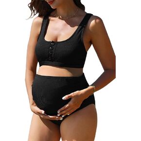 Summer Mae Maternity Ribbed High Waist Swimsuit Crop Top Bikini Bathing Suit High Cut Two Piece Pregnancy Swimwear in Saudi Arabia