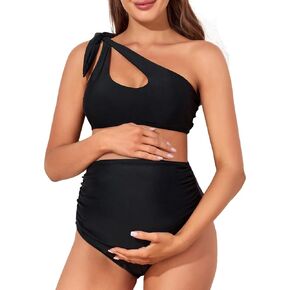 Summer Mae Maternity Two-Piece Swimsuit Bikini Set Cutout One Shoulder Bathing Suit Tie Side Pregnancy Swimwear