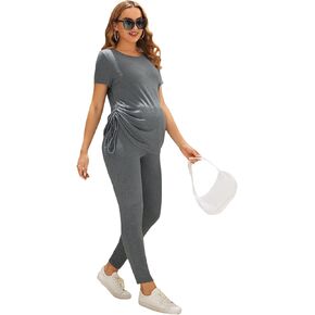 OYOANGLE Women's Maternity 2 Piece Outfits Drawstring Ruched Short Sleeve Ribbed Tee Top & Leggings Pregnancy Lounge Set