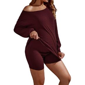 WDIRARA Women's 2 Piece Outfits Ribbed Short Sleeve Drop Shoulder Tee and Shorts Set Maternity in Saudi Arabia