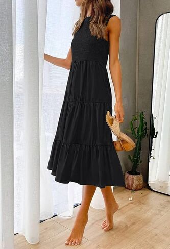 فستان ZESICA نسائي صيفي 2023 كاجوال بدون أكمام وفتحة رقبة دائرية وخصر عالٍ ومتدفق ومتدرج على شكل حرف A متوسط ​​الطول in Kuwait