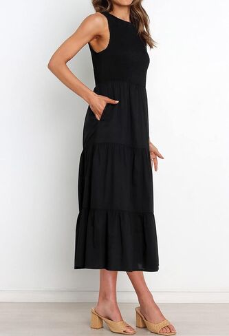 فستان ZESICA نسائي صيفي 2023 كاجوال بدون أكمام وفتحة رقبة دائرية وخصر عالٍ ومتدفق ومتدرج على شكل حرف A متوسط ​​الطول in Kuwait