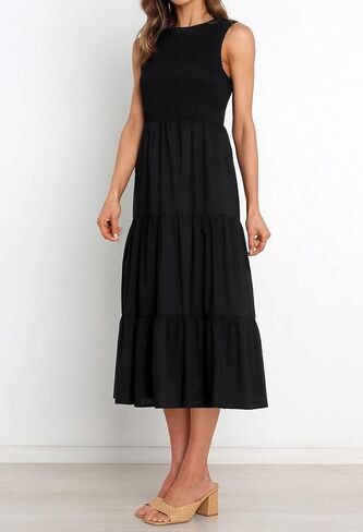 فستان ZESICA نسائي صيفي 2023 كاجوال بدون أكمام وفتحة رقبة دائرية وخصر عالٍ ومتدفق ومتدرج على شكل حرف A متوسط ​​الطول in Kuwait