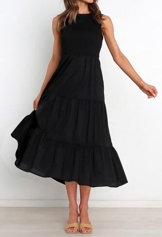 فستان ZESICA نسائي صيفي 2023 كاجوال بدون أكمام وفتحة رقبة دائرية وخصر عالٍ ومتدفق ومتدرج على شكل حرف A متوسط ​​الطول in Kuwait