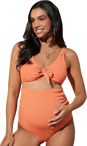 MakeMeChic Women's Maternity 2 Piece Bathing Suits Deep V Neck Knot Front High Waisted Bikini Swimsuit in Saudi Arabia