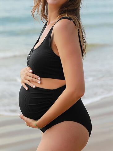 Summer Mae Maternity Ribbed High Waist Swimsuit Crop Top Bikini Bathing Suit High Cut Two Piece Pregnancy Swimwear in Kuwait