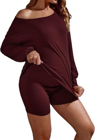 WDIRARA Women's 2 Piece Outfits Ribbed Short Sleeve Drop Shoulder Tee and Shorts Set Maternity in Saudi Arabia
