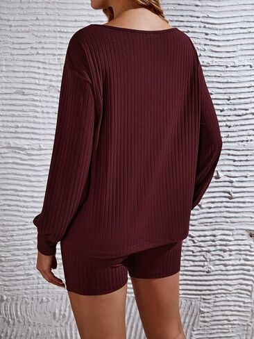 WDIRARA Women's 2 Piece Outfits Ribbed Short Sleeve Drop Shoulder Tee and Shorts Set Maternity in Saudi Arabia