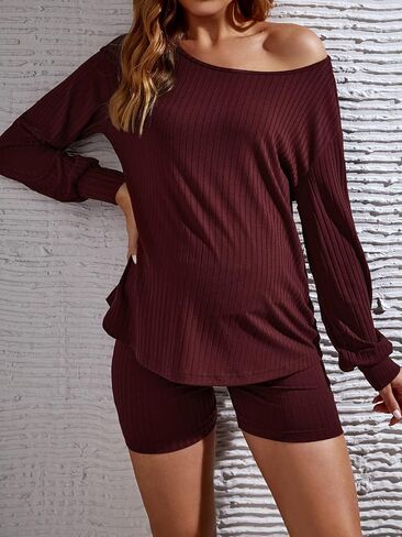 WDIRARA Women's 2 Piece Outfits Ribbed Short Sleeve Drop Shoulder Tee and Shorts Set Maternity in Saudi Arabia