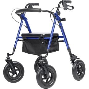 ELENKER All-Terrain Rollator Walker with 10" Rubber Wheels, Padded Seat & Backrest, Under-seat Basket for Seniors (Blue)