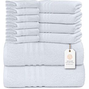White Classic 12 Piece Bath Towel Set for Bathroom - Wealuxe Collection 2 Bath Towels, 4 Hand Towels, 6 Washcloths 100% Cotton Soft and Plush Highly Absorbent, Soft Towel for Hotel & Spa - Black