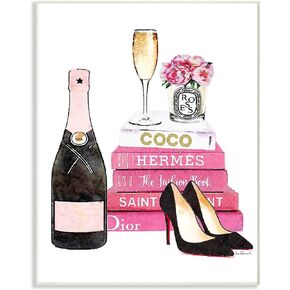 لوحة فنية جدارية من Stupell Industries Glam Pink Fashion Book ذات الكعب الشامبانيا والزهور، صُنعت بفخر في الولايات المتحدة الأمريكية in Kuwait
