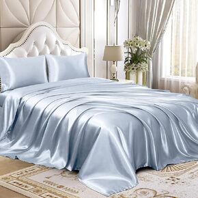 Homiest 3pcs Extra Deep Pocket Satin Sheets Twin Size Bed Set, 18-24 Inch Deep Pocket Bed Sheets Baby Blue Satin Sheet Set, Silky Satin Bedding Set Luxury Fitted Sheet Set Fits Ultra Deep Mattress