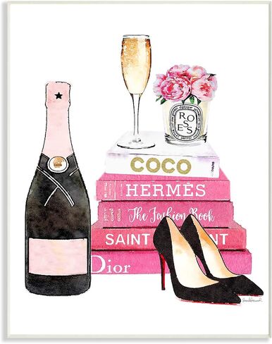 لوحة فنية جدارية من Stupell Industries Glam Pink Fashion Book ذات الكعب الشامبانيا والزهور، صُنعت بفخر في الولايات المتحدة الأمريكية in Kuwait