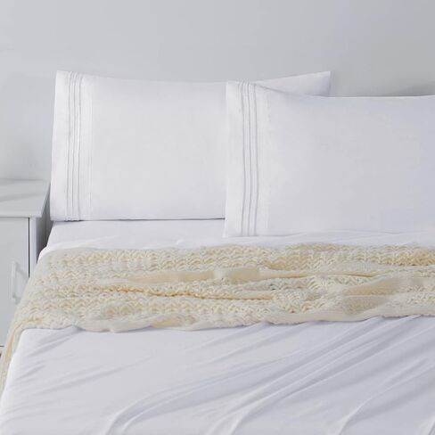 مجموعة ملاءات سرير كوين فاخرة من CozyLux Hotel - ملاءات سرير من الألياف الدقيقة المطرزة من سلسلة 1800 مكونة من 4 قطع، مصقولة مزدوجة، جيب عميق 40.64 سم، ناعمة ومقاومة للتجاعيد، بيضاء in Kuwait
