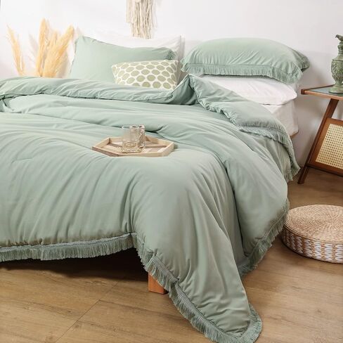 Smoofy 2Pcs Fringe Emerald Green Tassel Comforter Set Twin Boho Bohemian Cute Soft Tufted Microfiber Bedding Sets Modern Style for Men and Women (1Comforter + ONLY 1 Pillowcase) in Saudi Arabia