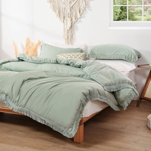 Smoofy 2Pcs Fringe Emerald Green Tassel Comforter Set Twin Boho Bohemian Cute Soft Tufted Microfiber Bedding Sets Modern Style for Men and Women (1Comforter + ONLY 1 Pillowcase) in Saudi Arabia