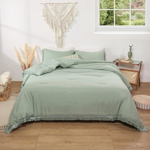 Smoofy 2Pcs Fringe Emerald Green Tassel Comforter Set Twin Boho Bohemian Cute Soft Tufted Microfiber Bedding Sets Modern Style for Men and Women (1Comforter + ONLY 1 Pillowcase) in Saudi Arabia