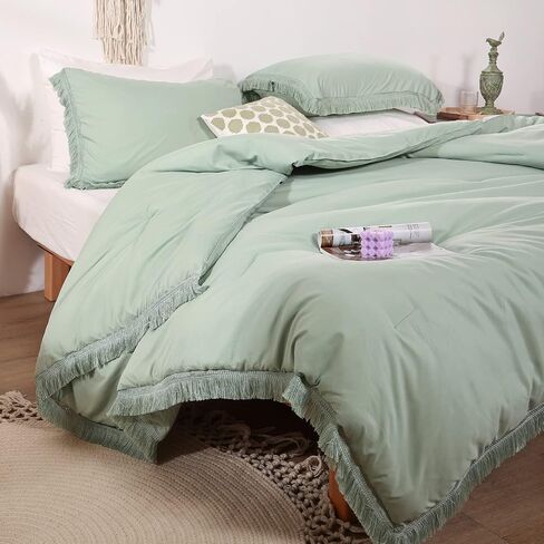 Smoofy 2Pcs Fringe Emerald Green Tassel Comforter Set Twin Boho Bohemian Cute Soft Tufted Microfiber Bedding Sets Modern Style for Men and Women (1Comforter + ONLY 1 Pillowcase) in Saudi Arabia
