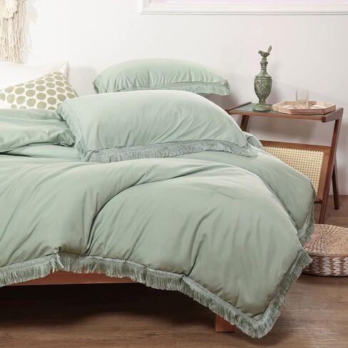 Smoofy 2Pcs Fringe Emerald Green Tassel Comforter Set Twin Boho Bohemian Cute Soft Tufted Microfiber Bedding Sets Modern Style for Men and Women (1Comforter + ONLY 1 Pillowcase) in Saudi Arabia