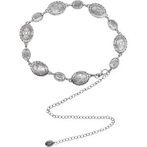 Wildox Women Metal Chain Belt, Western Oval Concho Chain Belt for Women Dresses Jeans,Adjustable Silver Metal Belts in Kuwait