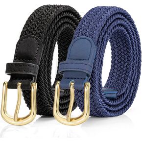 Alphyly Neries 2 Pack Braided Belt Women, Skinny Woven Stretch Belt, Fabric Cloth Belt Elastic Belt Gold Buckle