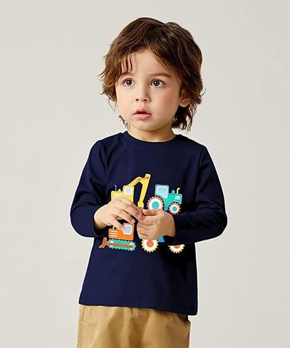 Toddler Boy Long Sleeve Shirts Kids Pullover Top Planet Dinosaur Tractor Cotton Graphic T-Shirt in Saudi Arabia