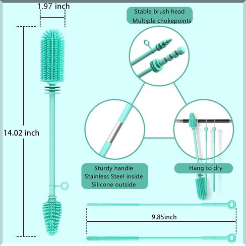 Silicone Baby Bottle Brush and Straw Cleaner Brush Set,Silicone Fully Encased Dish Brush,Versatile Deep Cleaning Long Water Bottle Brushes,Heat Resistant Sturdy Kitchen Brush,Hangable Cup Brush in Kuwait